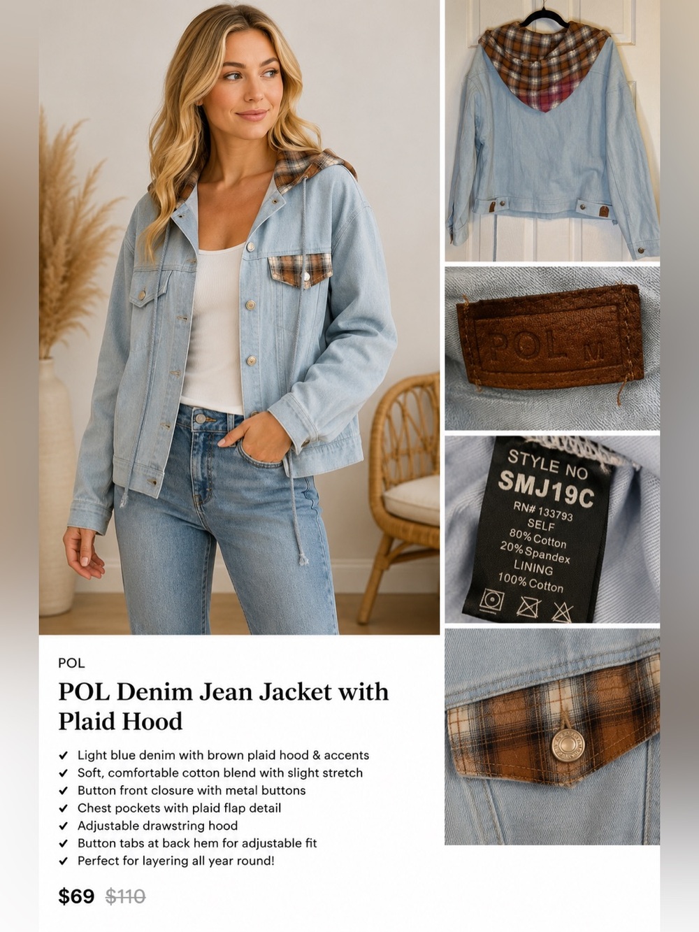 POL Denim Jean Jacket with Plaid Hood, Size M, Light Blue and Brown